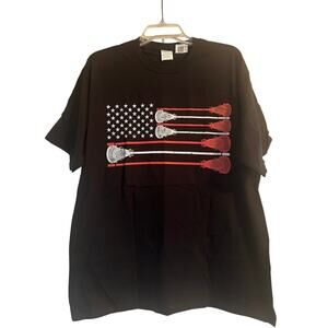 NWOT Port and Company Men's Cut Black Lacrosse T Shirt American Flag Size XL